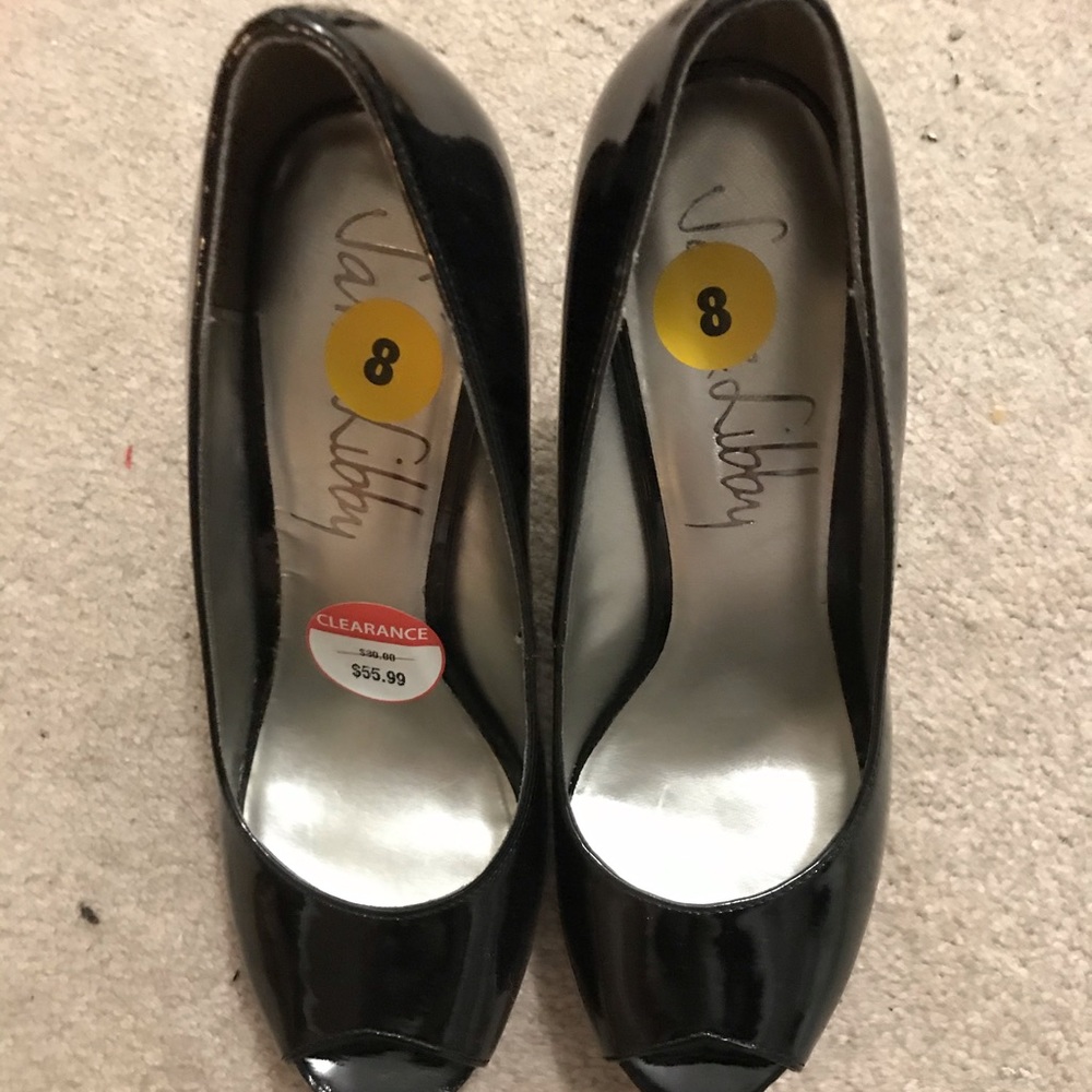 Sam and libby peep toe wedges in patent black SZ 8